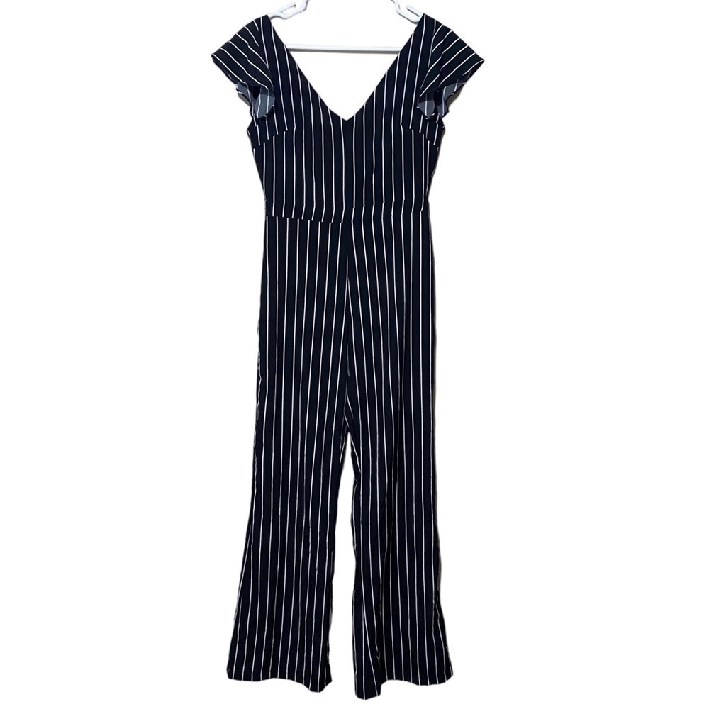 Etophe studios jumpsuit black white striped cap flutter sleeves like new size M